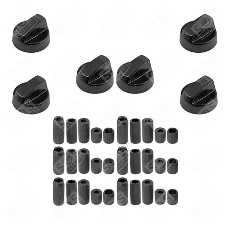SET OF 6 UNIVERSAL BLACK OVEN KNOBS WITH 30 ADAPTERS GAS / ELECTRIC OVENS - 3666356130074