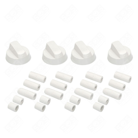 SET OF 4 UNIVERSAL WHITE OVEN KNOBS WITH 20 ADAPTERS GAS / ELECTRIC OVENS - 3666356129870
