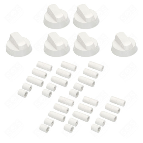 SET OF 6 UNIVERSAL WHITE OVEN KNOBS WITH 30 ADAPTERS GAS / ELECTRIC OVENS - 3666356129757