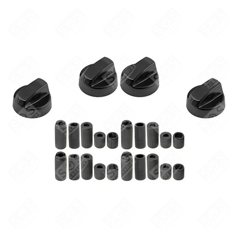 SET OF 4 UNIVERSAL BLACK OVEN KNOBS WITH 20 ADAPTERS GAS / ELECTRIC OVENS - 3666356130081
