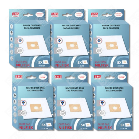 SET OF 6 BOXES OF 5 BAGS WITH 1 PRE-FILTER COUPE/COMPACT/GO/FORCE VACUUM CLEANER  - 78602600, 22422400